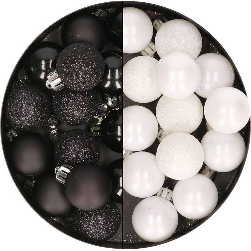 Merkloos 28x stuks kleine kunststof kerstballen wit en zwart 3 cm Kerstbal