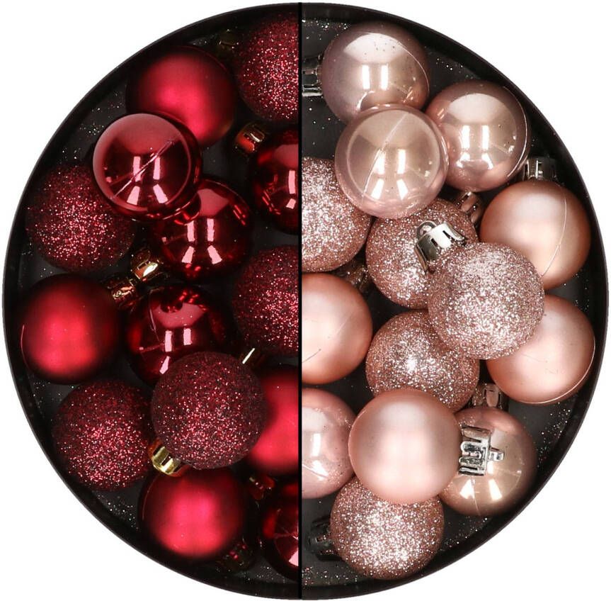 Merkloos 28x stuks kleine kunststof kerstballen zachtroze en bordeaux rood 3 cm Kerstbal
