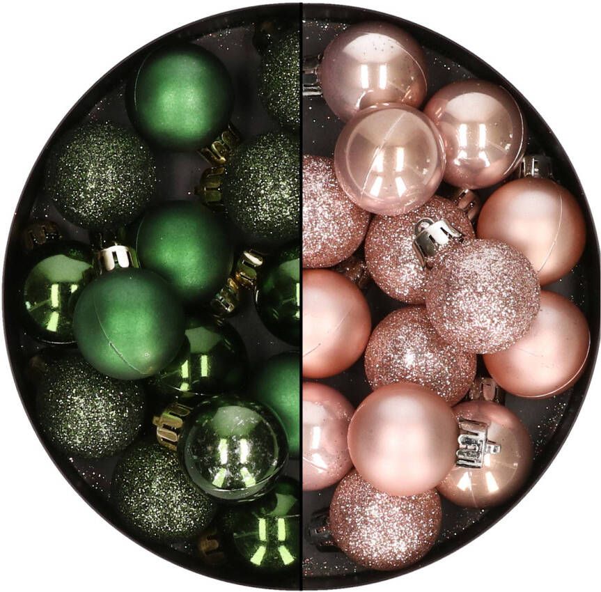 Merkloos 28x stuks kleine kunststof kerstballen zachtroze en dennengroen 3 cm Kerstbal