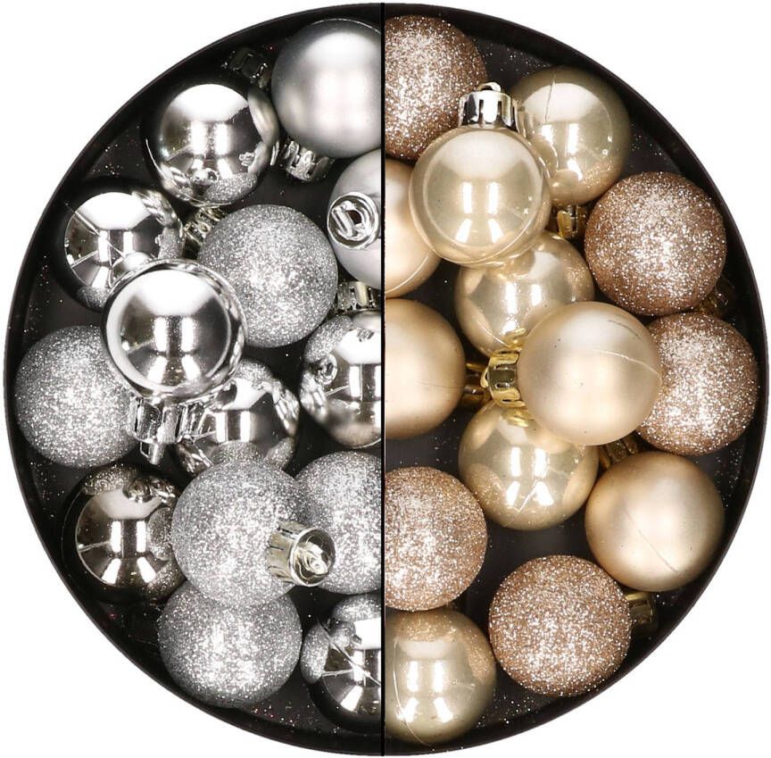 Merkloos 28x stuks kleine kunststof kerstballen zilver en champagne 3 cm Kerstbal