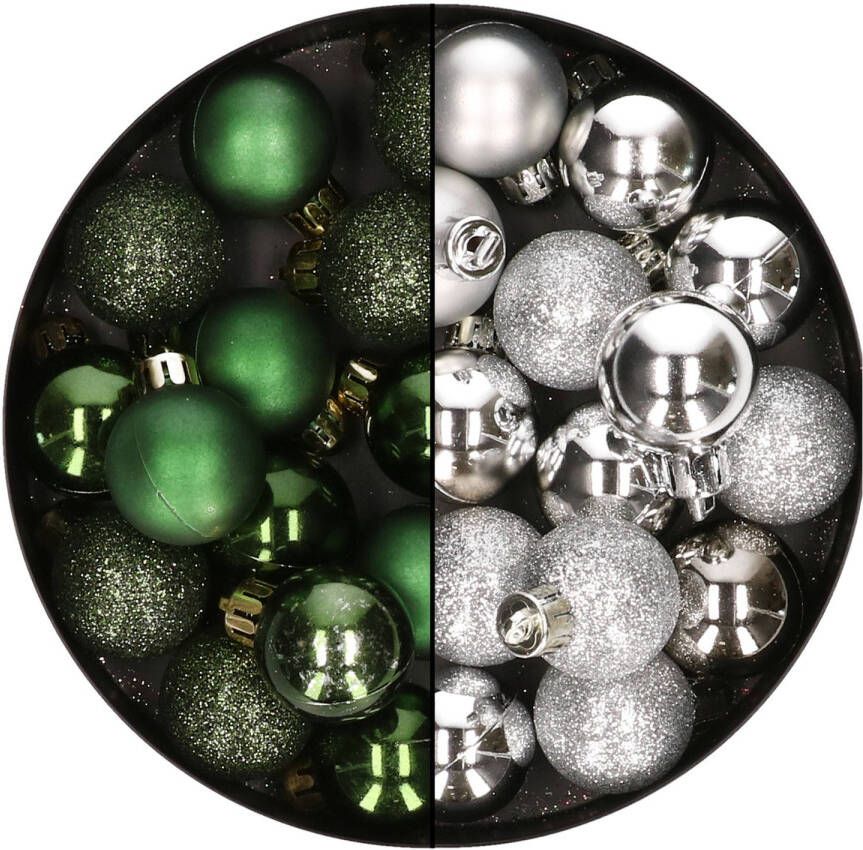 Merkloos 28x stuks kleine kunststof kerstballen zilver en dennengroen 3 cm Kerstbal