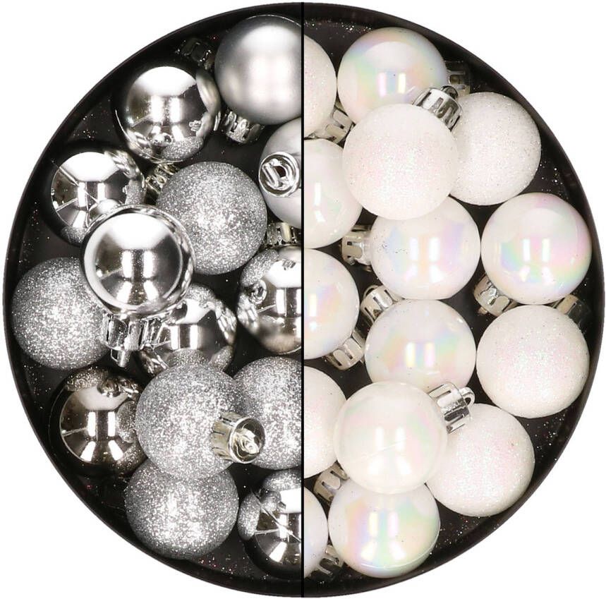 Merkloos 28x stuks kleine kunststof kerstballen zilver en parelmoer wit 3 cm Kerstbal