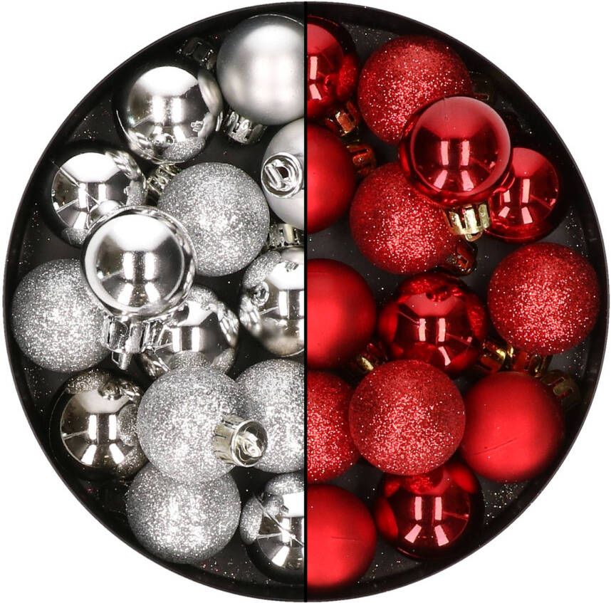 Merkloos 28x stuks kleine kunststof kerstballen zilver en rood 3 cm Kerstbal