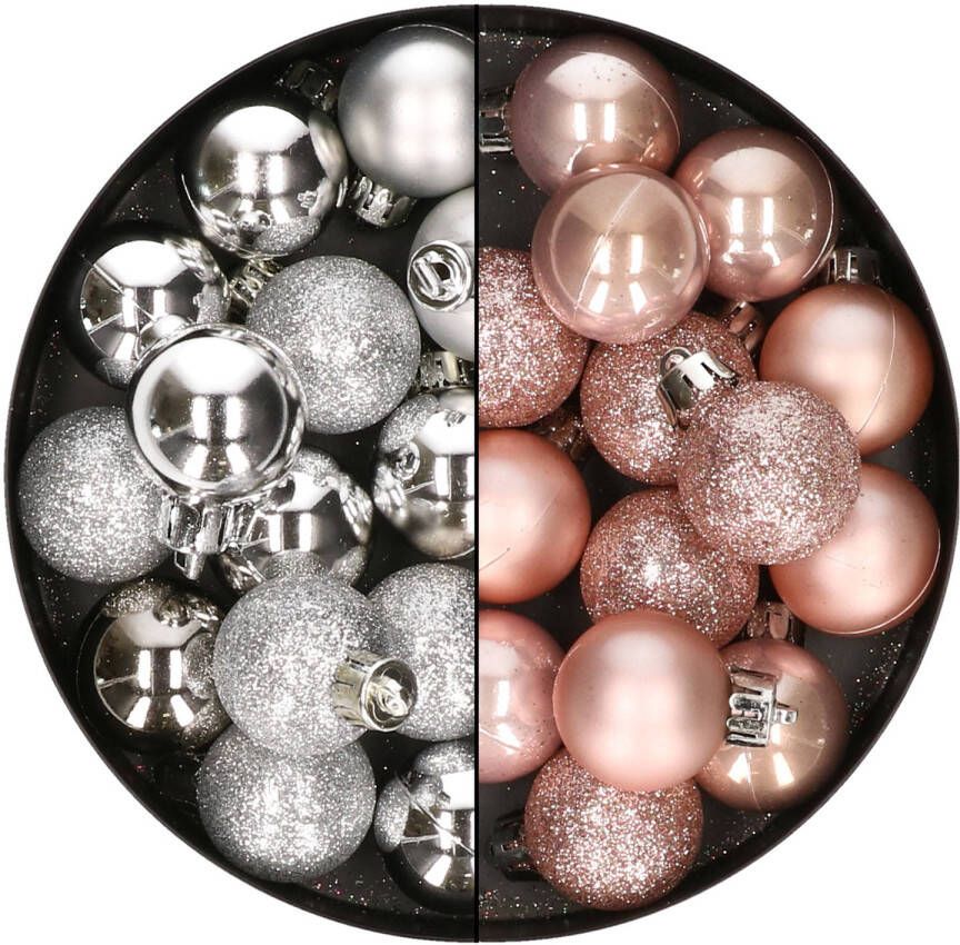 Merkloos 28x stuks kleine kunststof kerstballen zilver en zachtroze 3 cm Kerstbal