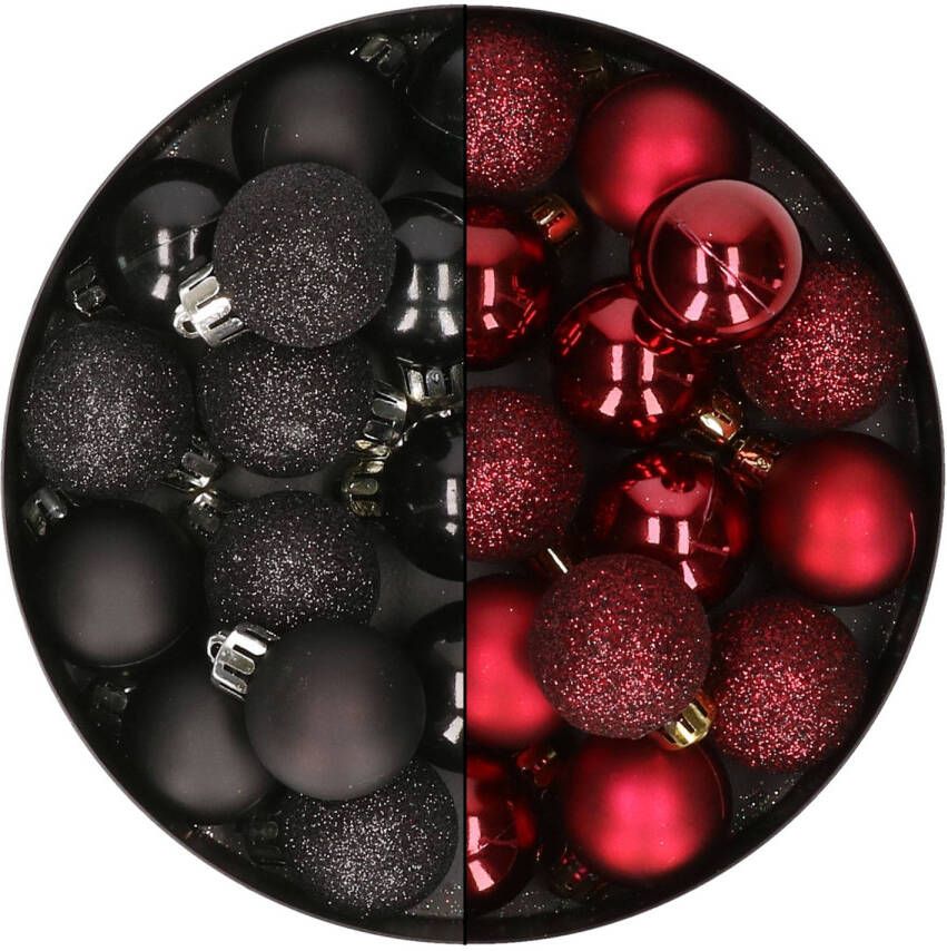 Merkloos 28x stuks kleine kunststof kerstballen zwart en bordeaux rood 3 cm Kerstbal