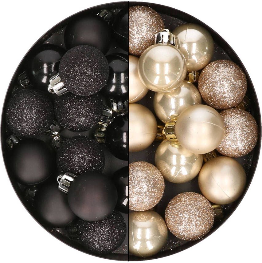 Merkloos 28x stuks kleine kunststof kerstballen zwart en champagne 3 cm Kerstbal