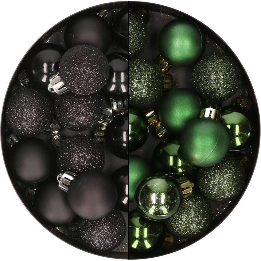 Merkloos 28x stuks kleine kunststof kerstballen zwart en dennengroen 3 cm Kerstbal