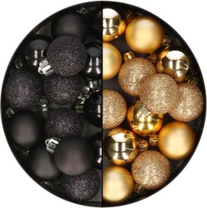 Merkloos 28x Stuks Kleine Kunststof Kerstballen Zwart En Goud 3 Cm Kerstbal