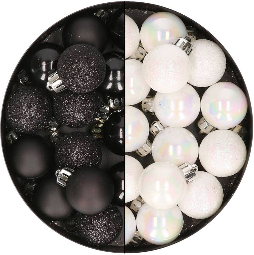 Merkloos 28x stuks kleine kunststof kerstballen zwart en parelmoer wit 3 cm Kerstbal