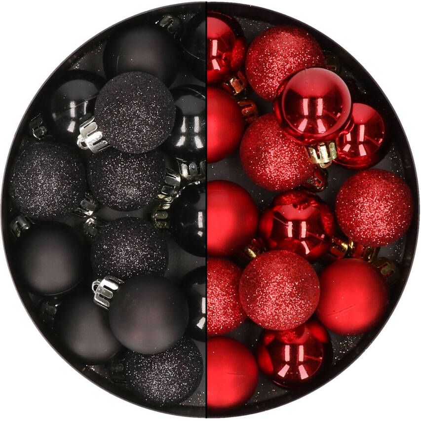 Merkloos 28x stuks kleine kunststof kerstballen zwart en rood 3 cm Kerstbal