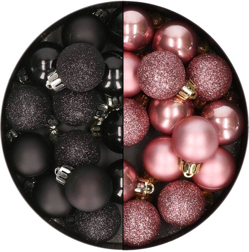 Merkloos 28x stuks kleine kunststof kerstballen zwart en velvet roze 3 cm Kerstbal