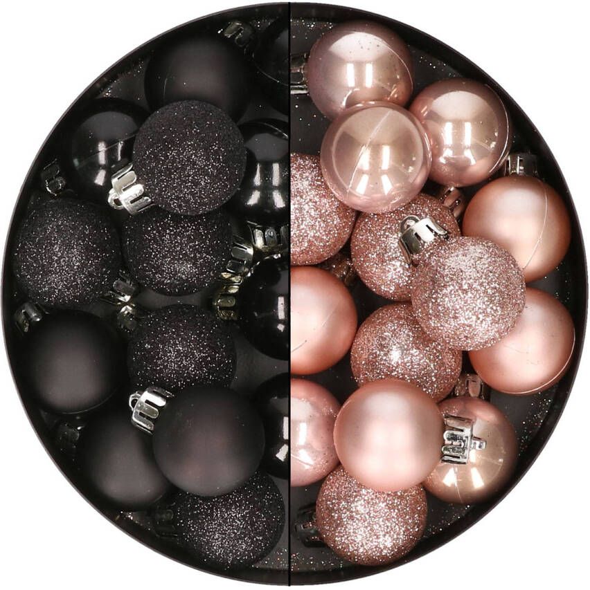 Merkloos 28x stuks kleine kunststof kerstballen zwart en zachtroze 3 cm Kerstbal