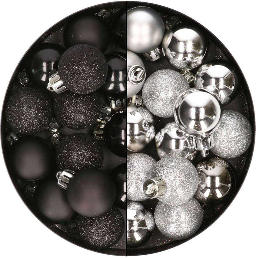 Merkloos 28x stuks kleine kunststof kerstballen zwart en zilver 3 cm Kerstbal