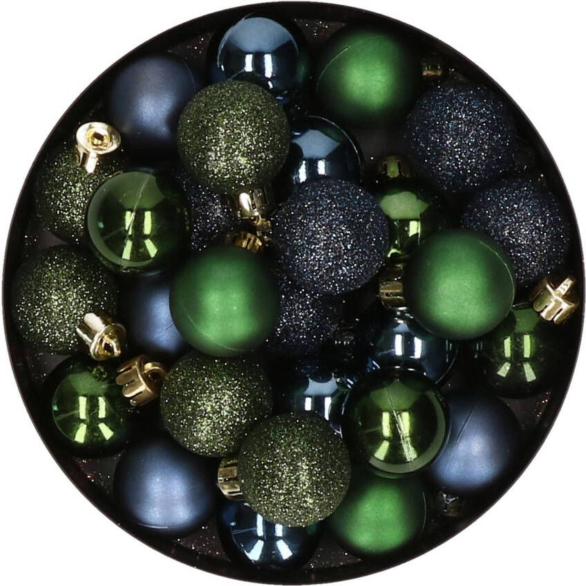 Merkloos 28x stuks kunststof kerstballen donkergroen en donkerblauw mix 3 cm Kerstbal