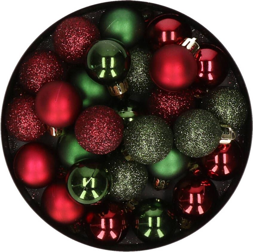 Merkloos 28x stuks kunststof kerstballen donkergroen en donkerrood mix 3 cm Kerstbal