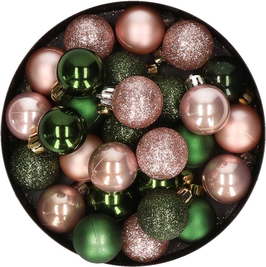 Merkloos 28x stuks kunststof kerstballen donkergroen en lichtroze mix 3 cm Kerstbal