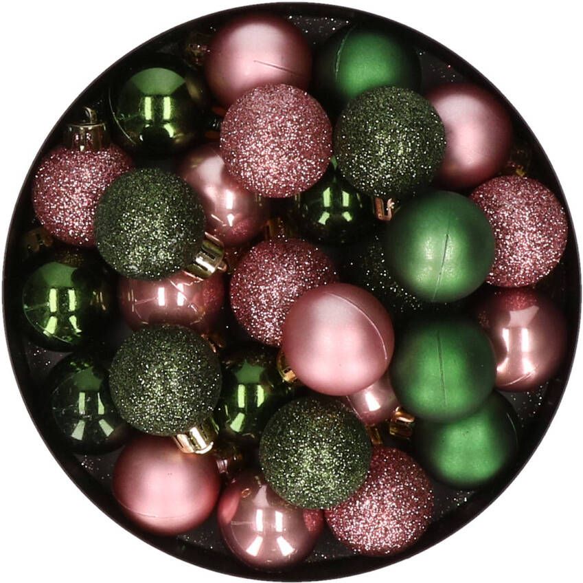 Merkloos 28x stuks kunststof kerstballen donkergroen en oudroze mix 3 cm Kerstbal