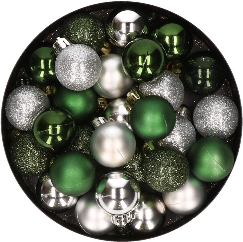 Merkloos 28x stuks kunststof kerstballen donkergroen en zilver mix 3 cm Kerstbal