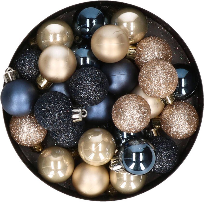 Merkloos 28x stuks kunststof kerstballen parel champagne en donkerblauw mix 3 cm Kerstbal