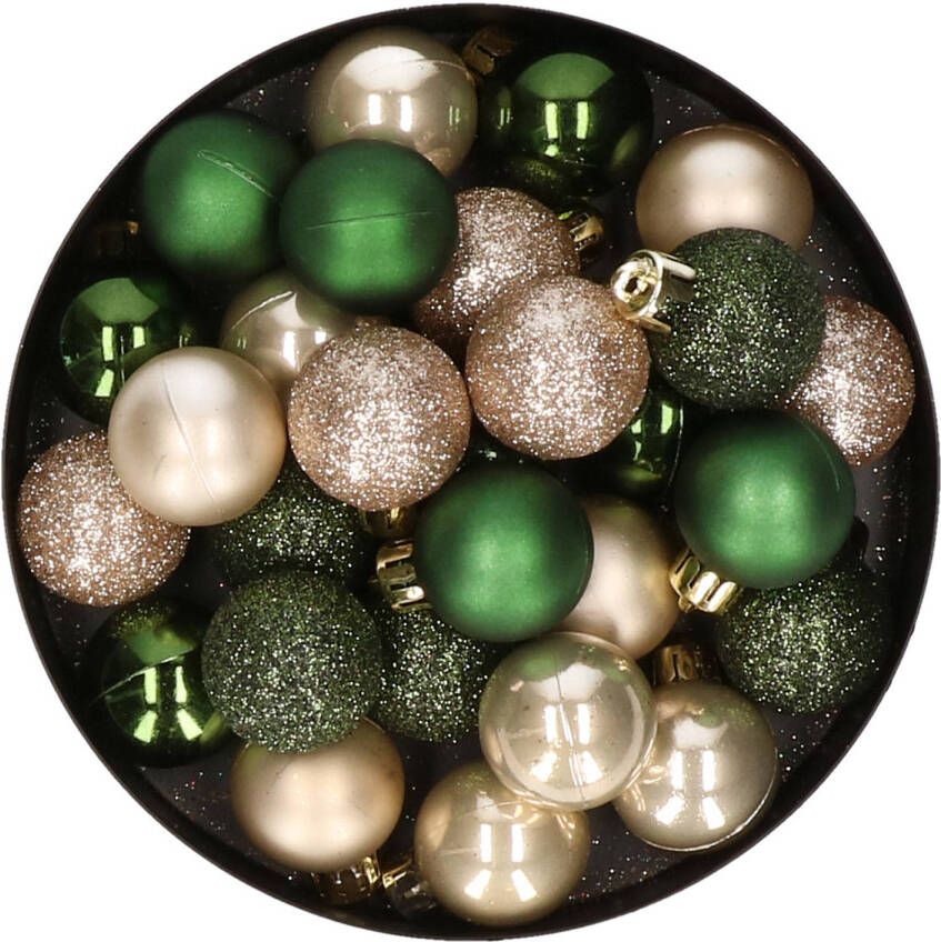 Merkloos 28x stuks kunststof kerstballen parel champagne en donkergroen mix 3 cm Kerstbal
