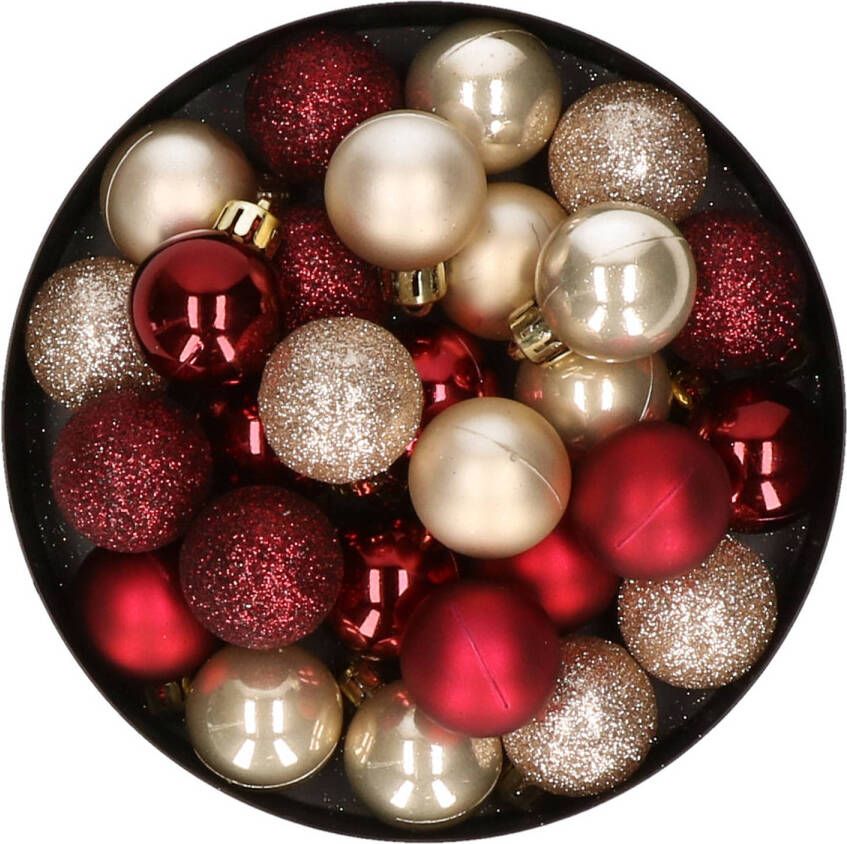 Merkloos 28x stuks kunststof kerstballen parel champagne en donkerrood mix 3 cm Kerstbal