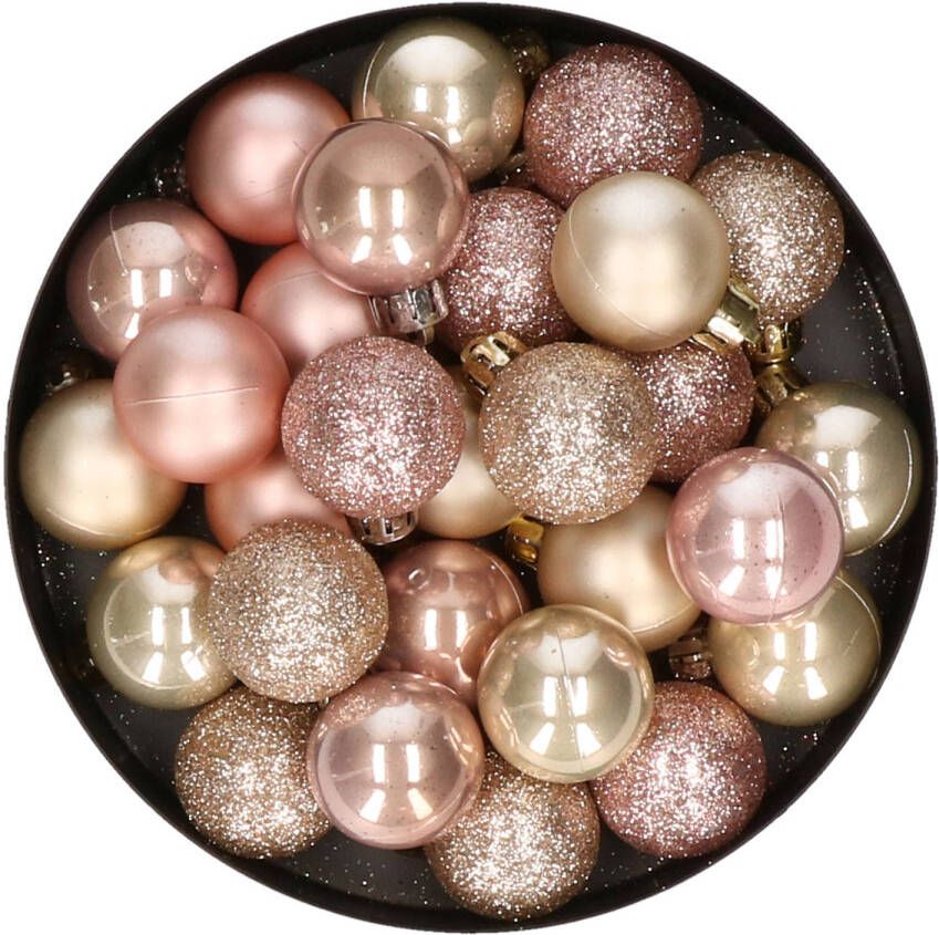 Merkloos 28x stuks kunststof kerstballen parel champagne en lichtroze mix 3 cm Kerstbal