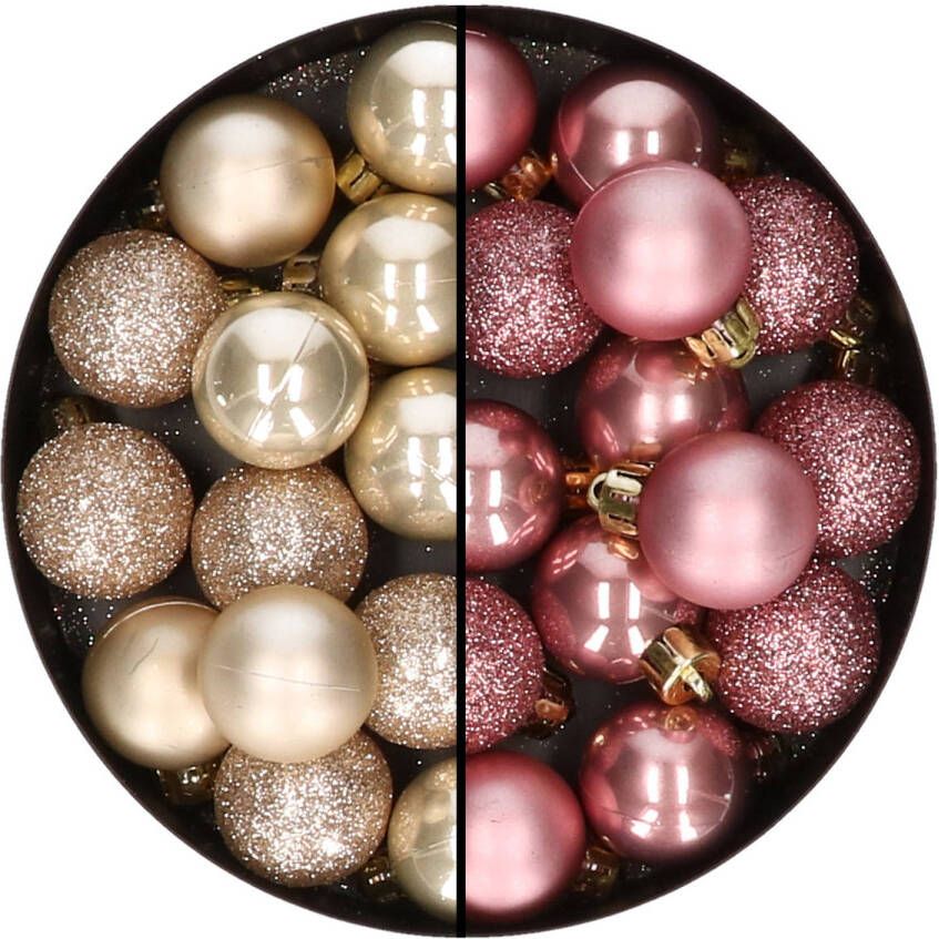 Merkloos 28x stuks kunststof kerstballen parel champagne en oudroze mix 3 cm Kerstbal