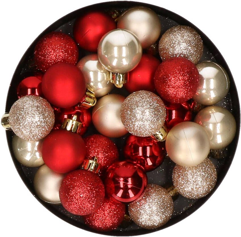 Merkloos 28x stuks kunststof kerstballen parel champagne en rood mix 3 cm Kerstbal