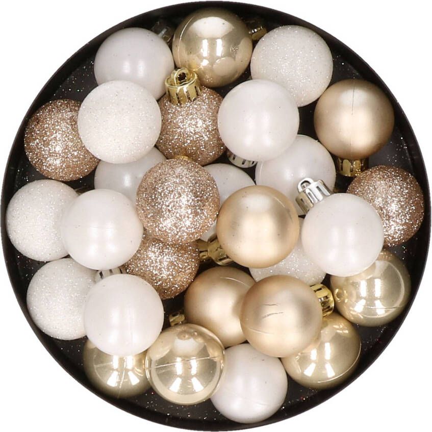 Merkloos 28x stuks kunststof kerstballen parel champagne en wit mix 3 cm Kerstbal
