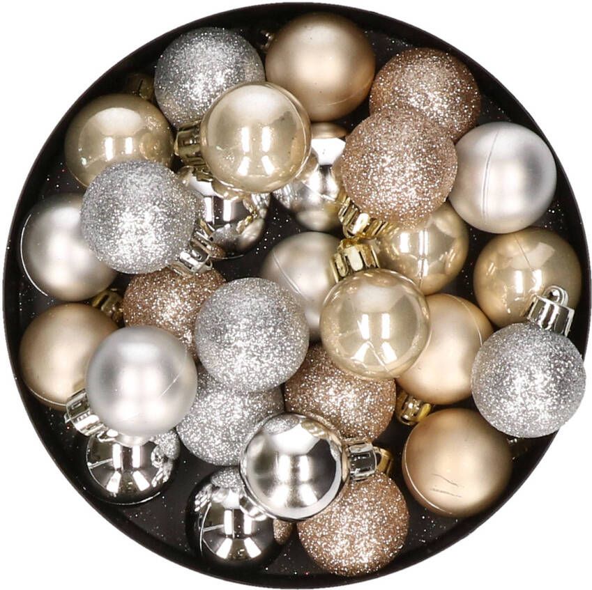 Merkloos 28x stuks kunststof kerstballen parel champagne en zilver mix 3 cm Kerstbal