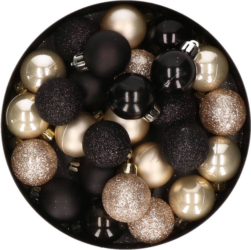 Merkloos 28x stuks kunststof kerstballen parel champagne en zwart mix 3 cm Kerstbal