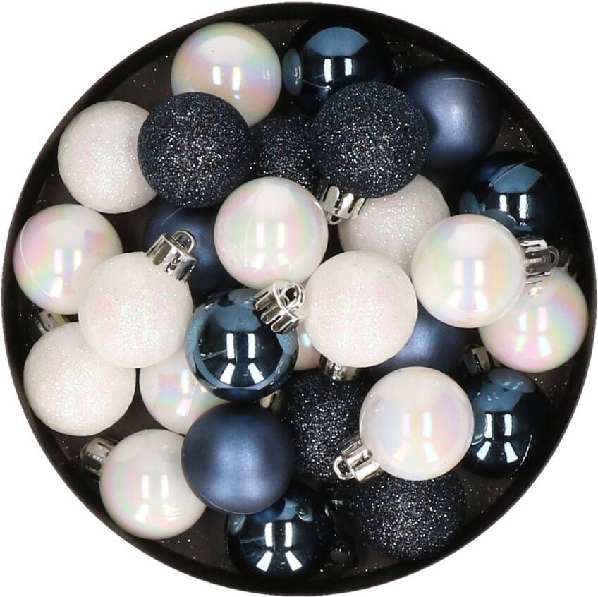 Merkloos 28x stuks kunststof kerstballen parelmoer wit en donkerblauw mix 3 cm Kerstbal