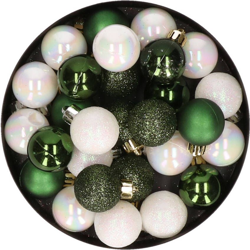 Merkloos 28x stuks kunststof kerstballen parelmoer wit en donkergroen mix 3 cm Kerstbal