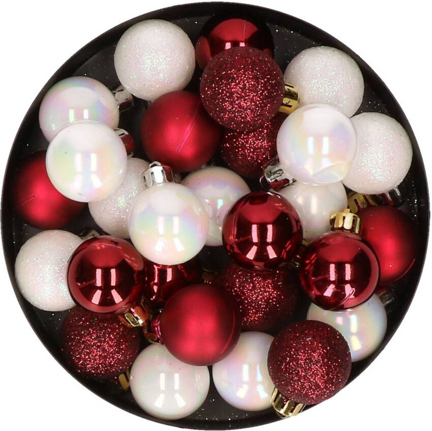Merkloos 28x stuks kunststof kerstballen parelmoer wit en donkerrood mix 3 cm Kerstbal