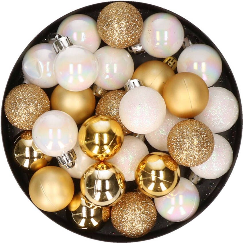 Merkloos 28x stuks kunststof kerstballen parelmoer wit en goud mix 3 cm Kerstbal