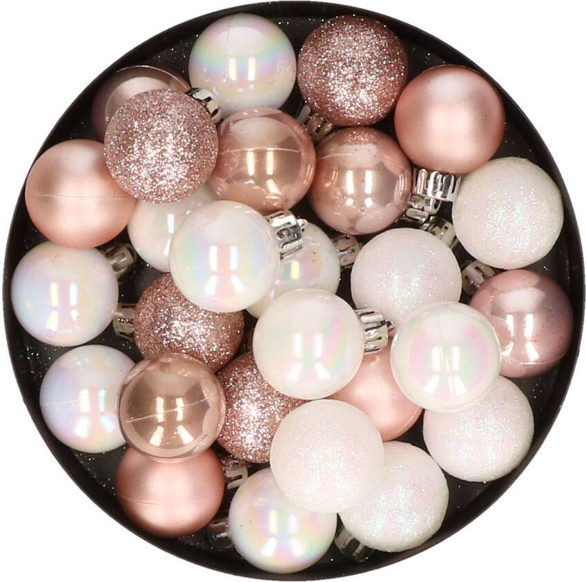Merkloos 28x stuks kunststof kerstballen parelmoer wit en lichtroze mix 3 cm Kerstbal