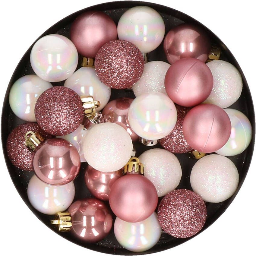 Merkloos 28x stuks kunststof kerstballen parelmoer wit en oud roze mix 3 cm Kerstbal