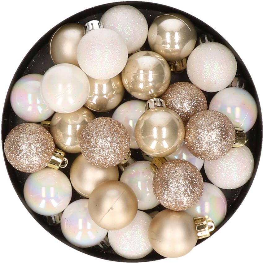 Merkloos 28x stuks kunststof kerstballen parelmoer wit en parel champagne mix 3 cm Kerstbal