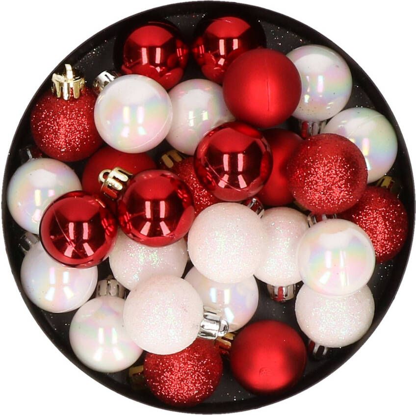 Merkloos 28x stuks kunststof kerstballen parelmoer wit en rood mix 3 cm Kerstbal