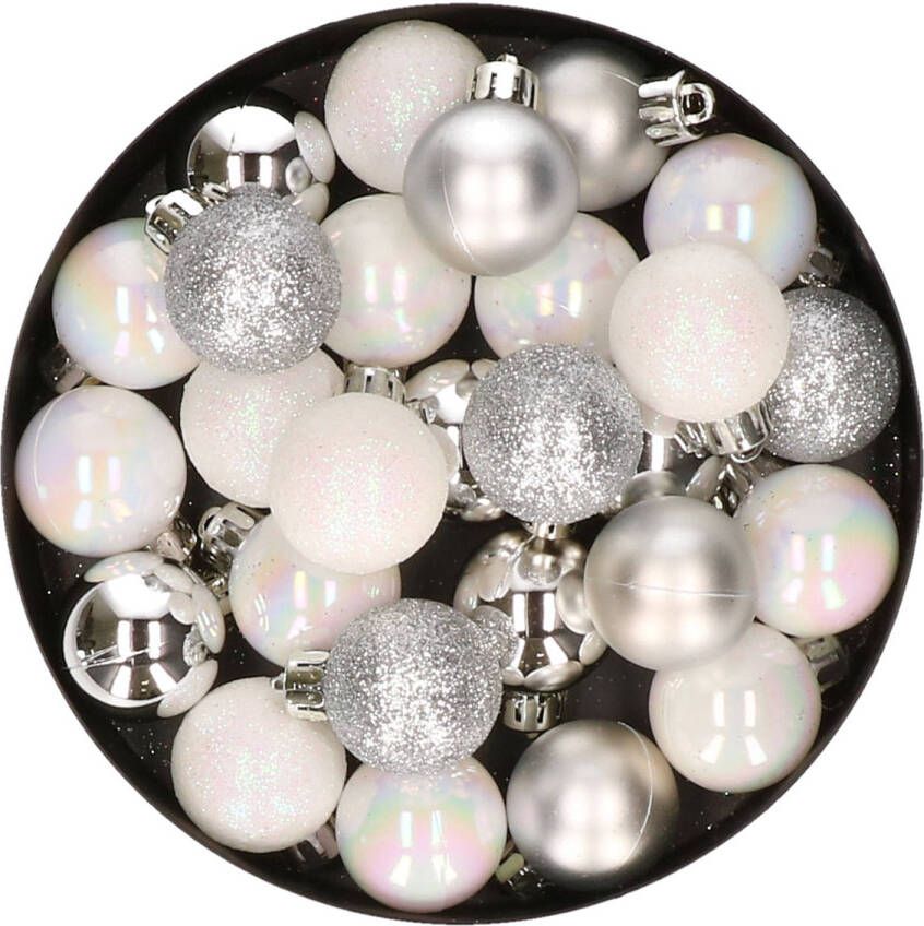 Merkloos 28x stuks kunststof kerstballen parelmoer wit en zilver mix 3 cm Kerstbal