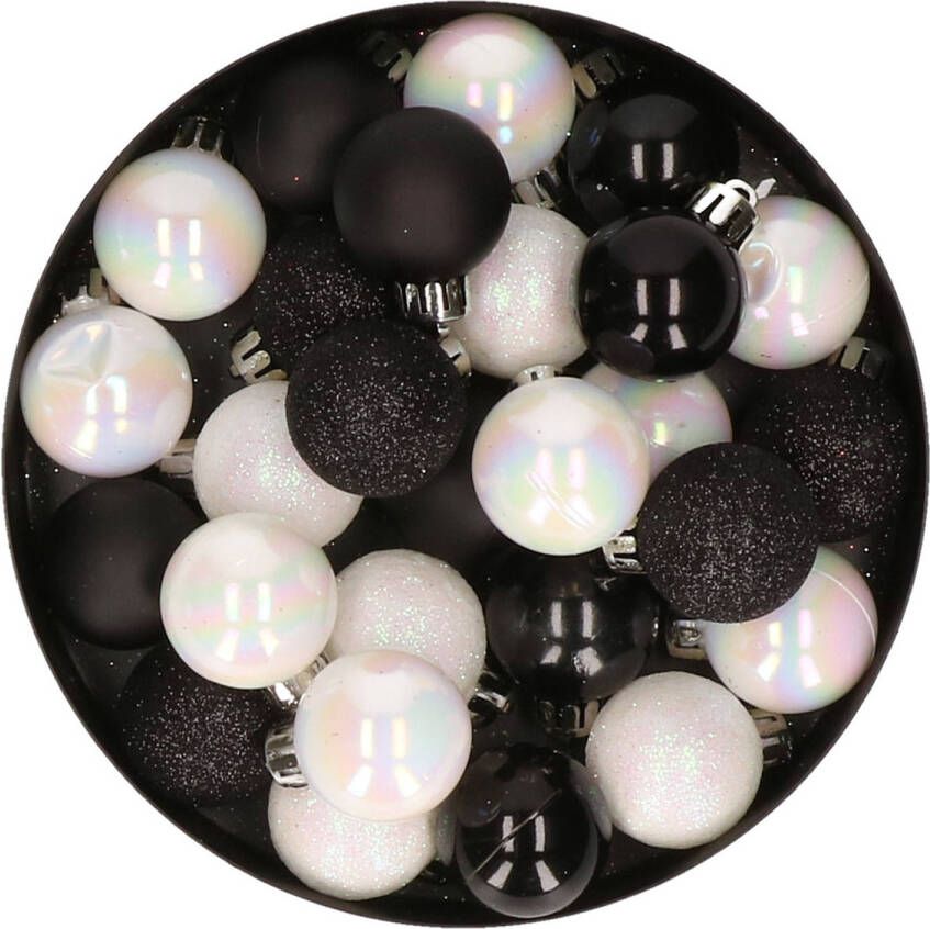 Merkloos 28x stuks kunststof kerstballen parelmoer wit en zwart mix 3 cm Kerstbal
