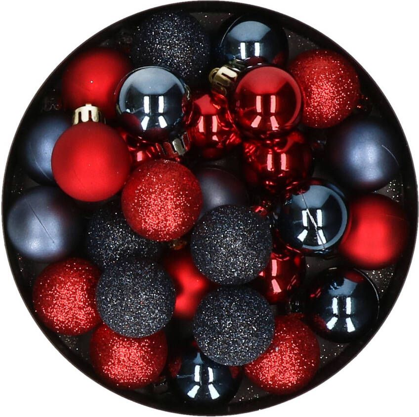 Merkloos 28x stuks kunststof kerstballen rood en donkerblauw mix 3 cm Kerstbal