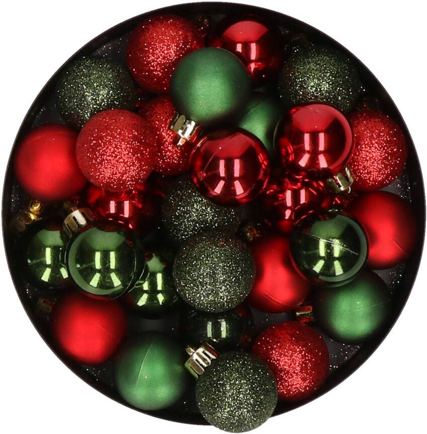 Merkloos 28x stuks kunststof kerstballen rood en donkergroen mix 3 cm Kerstbal