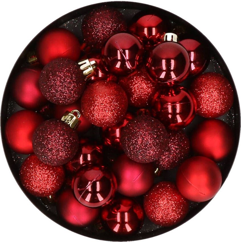 Merkloos 28x stuks kunststof kerstballen rood en donkerrood mix 3 cm Kerstbal