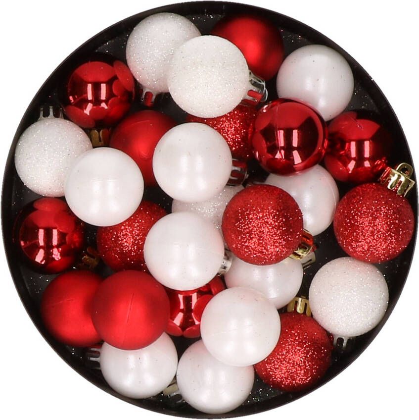 Merkloos 28x stuks kunststof kerstballen rood en wit mix 3 cm Kerstbal