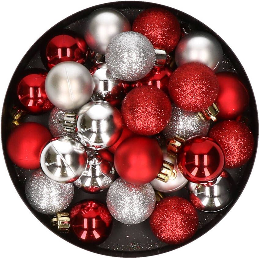 Merkloos 28x stuks kunststof kerstballen rood en zilver mix 3 cm Kerstbal