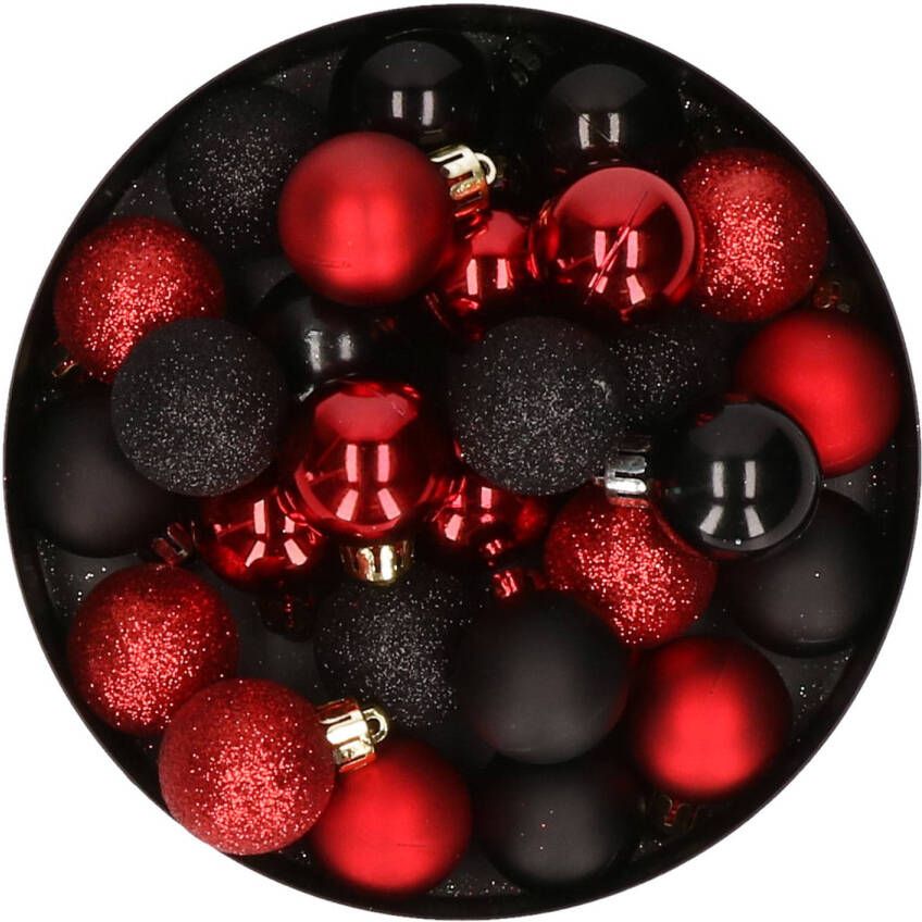 Merkloos 28x stuks kunststof kerstballen rood en zwart mix 3 cm Kerstbal