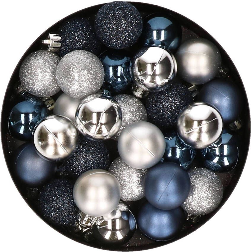 Merkloos 28x stuks kunststof kerstballen zilver en donkerblauw mix 3 cm Kerstbal