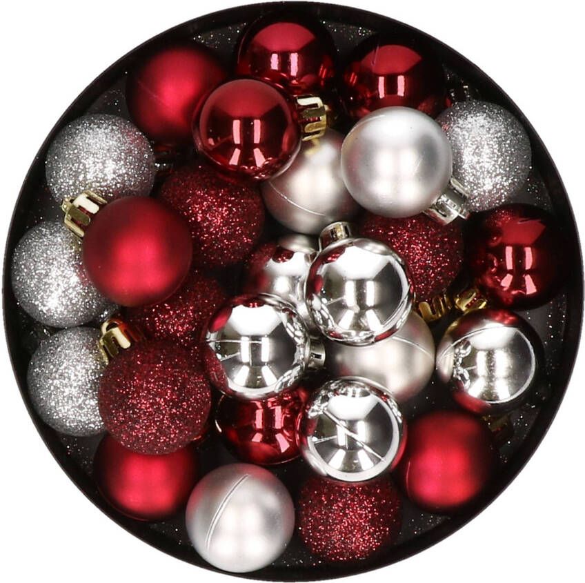 Merkloos 28x stuks kunststof kerstballen zilver en donkerrood mix 3 cm Kerstbal