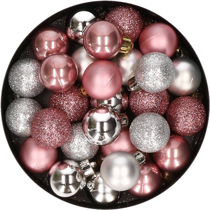 Merkloos 28x stuks kunststof kerstballen zilver en oudroze mix 3 cm Kerstbal
